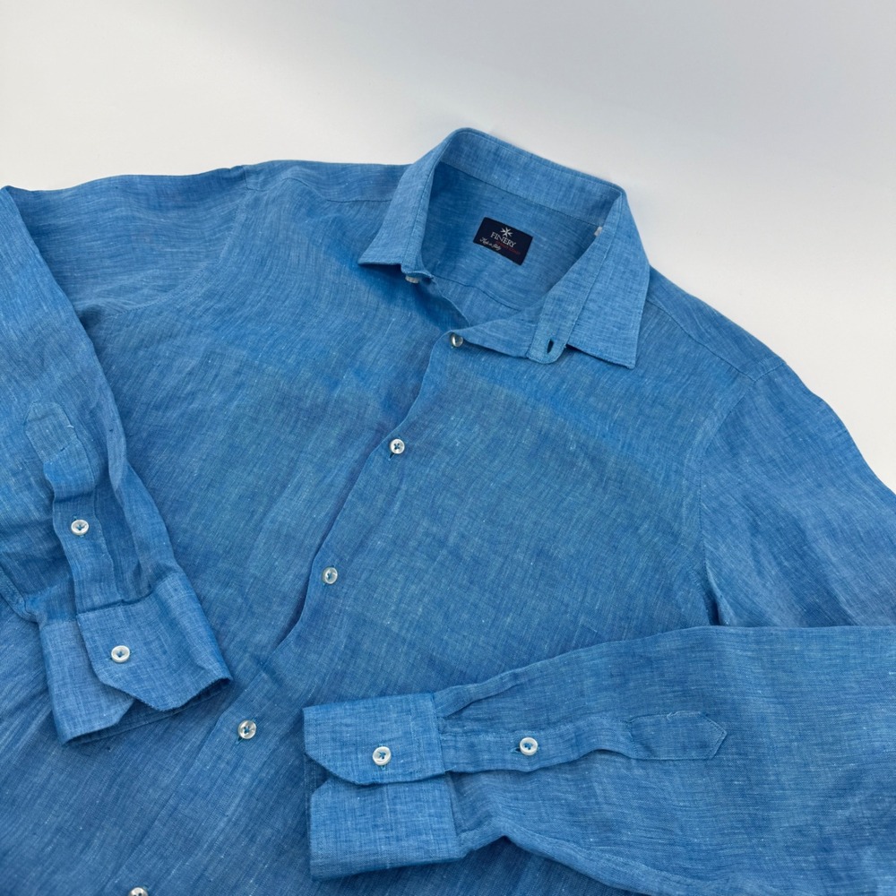 Finery Amalfi Coast Mens Blue 100% Linen Long Sleeve Button Down Shirt Size M